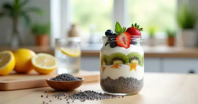 Sementes de chia hidratadas em pote de iogurte com frutas frescas