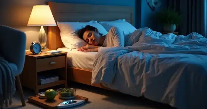 Pessoa dormindo profundamente em quarto escuro com balança e alimentos saudáveis ao lado da cama