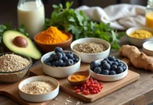 11 superalimentos: benefícios, verdades e como incluir na rotina Mesa de madeira com variedade de superalimentos frescos e coloridos vistos de cima