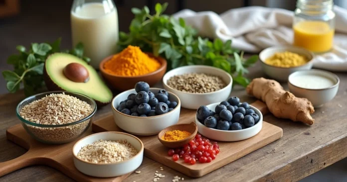 Mesa de madeira com variedade de superalimentos frescos e coloridos vistos de cima