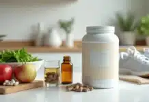 Suplementação Para Emagrecer: O Que Realmente Funciona? Suplementos para emagrecer organizados em mesa ao lado de alimentos saudáveis