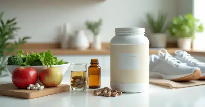 Suplementos para emagrecer organizados em mesa ao lado de alimentos saudáveis