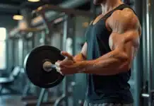 Bíceps: Como Fortalecer e Definir com Treinos Eficazes Homem fazendo rosca direta com barra focando bíceps em academia moderna