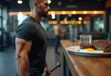 Rotina de exercícios para quem segue uma dieta carnívora Homem treinando musculação com prato de carne ao fundo