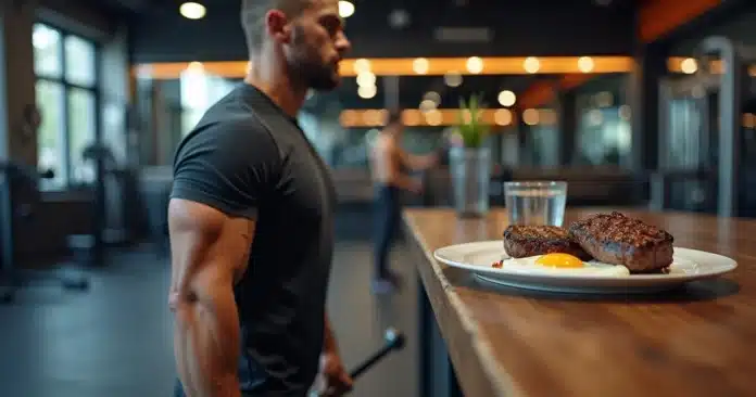 Homem treinando musculação com prato de carne ao fundo