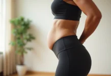 Vacuum Abdominal: Como Afinar a Cintura e Melhorar a Postura Mulher fazendo vacuum abdominal em pé com cintura mais definida e postura alinhada