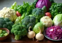 Vegetais crucíferos: 12 vantagens e como incluir no dia a dia Variedade de vegetais crucíferos frescos organizados sobre tábua de madeira